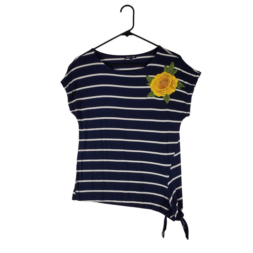 Olivia Blu Womens Navy White Striped Floral Embroidered Side Tie Top Small